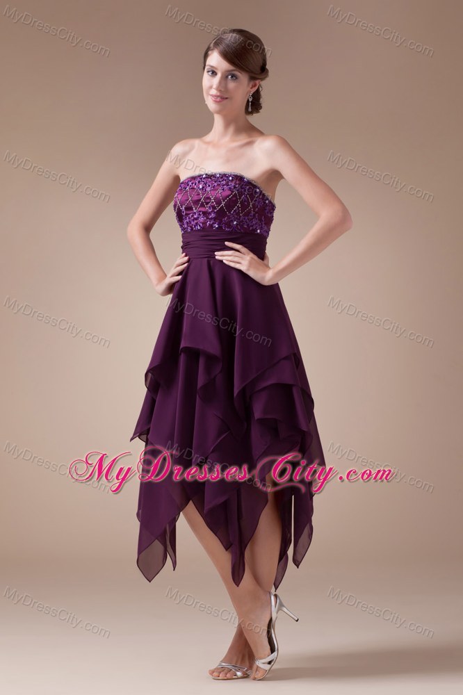 Appliques Beaded Strapless Prom Dress with Asymmetrical Hemline