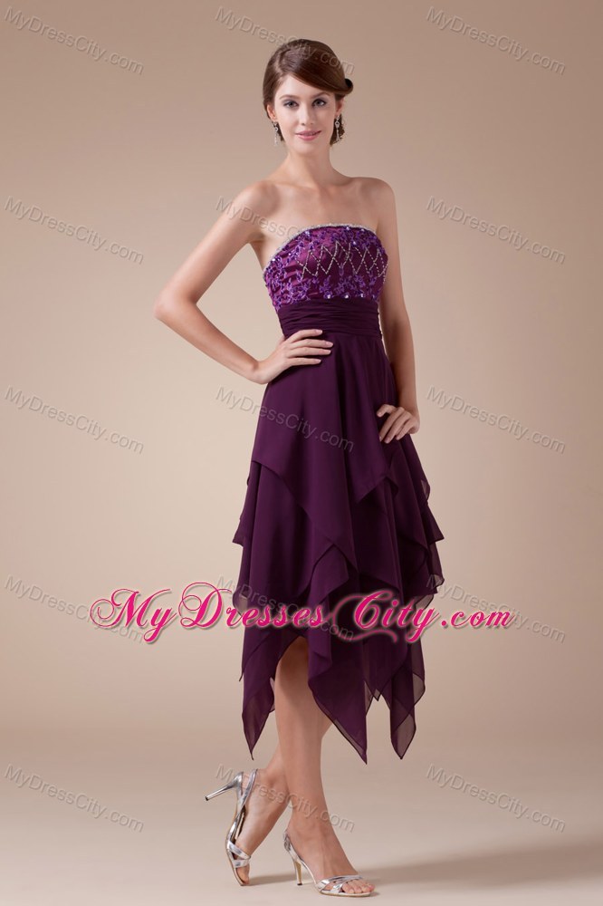 Appliques Beaded Strapless Prom Dress with Asymmetrical Hemline