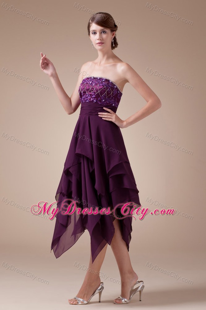 Appliques Beaded Strapless Prom Dress with Asymmetrical Hemline