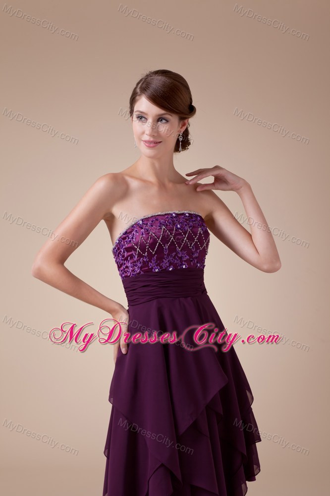 Appliques Beaded Strapless Prom Dress with Asymmetrical Hemline