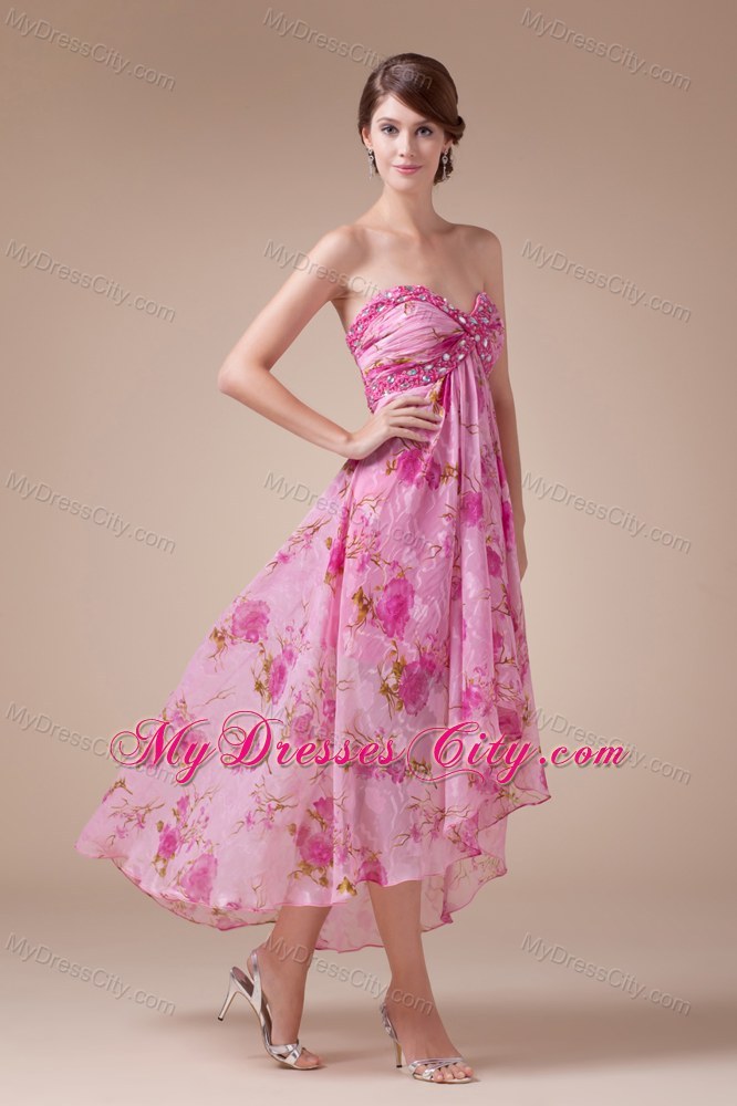 Printed fabric High Low Sweetheart beaded Prom Dress for Ladies