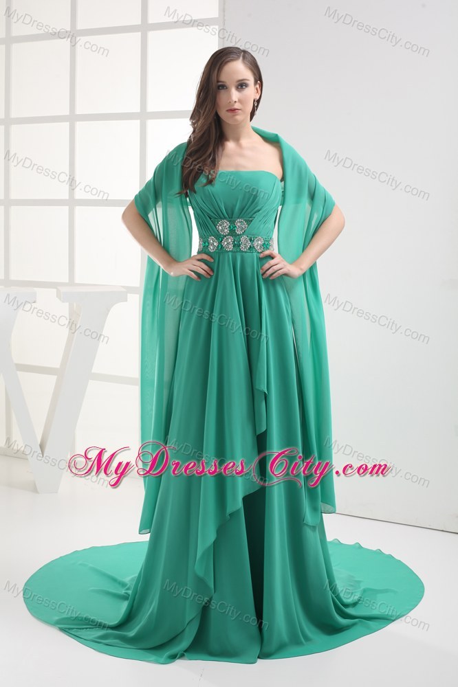 Turquoise Strapless Beading Appliques Brush Train Prom Dress