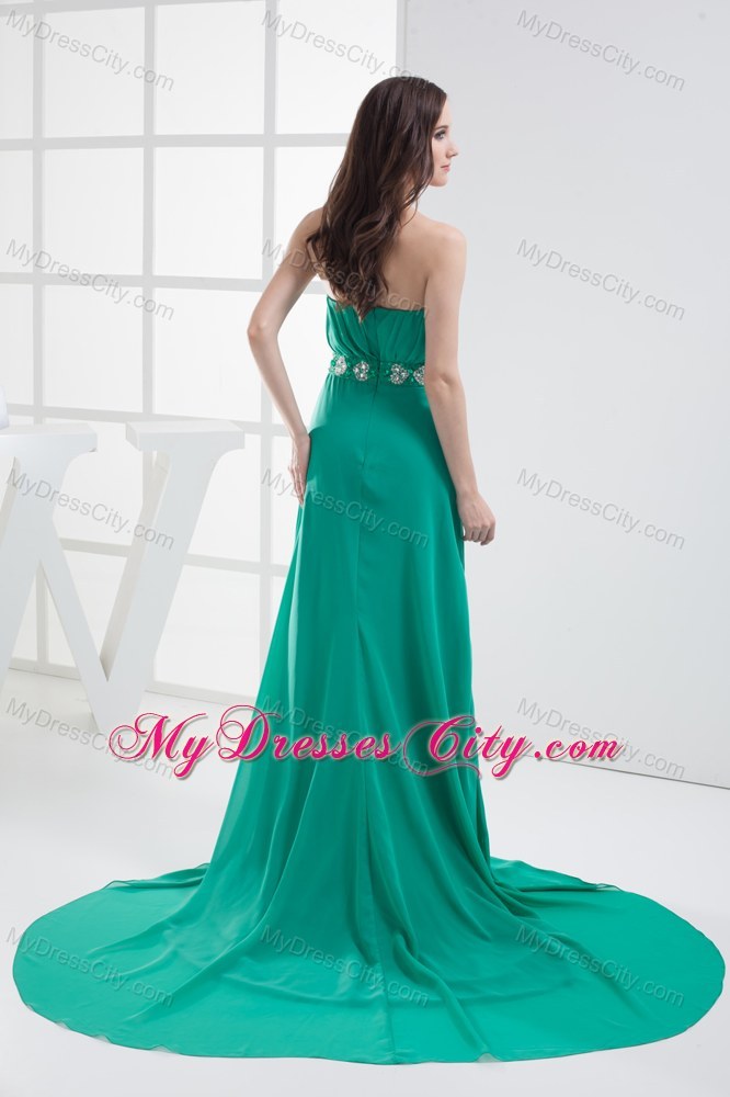 Turquoise Strapless Beading Appliques Brush Train Prom Dress
