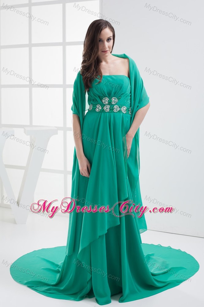 Turquoise Strapless Beading Appliques Brush Train Prom Dress
