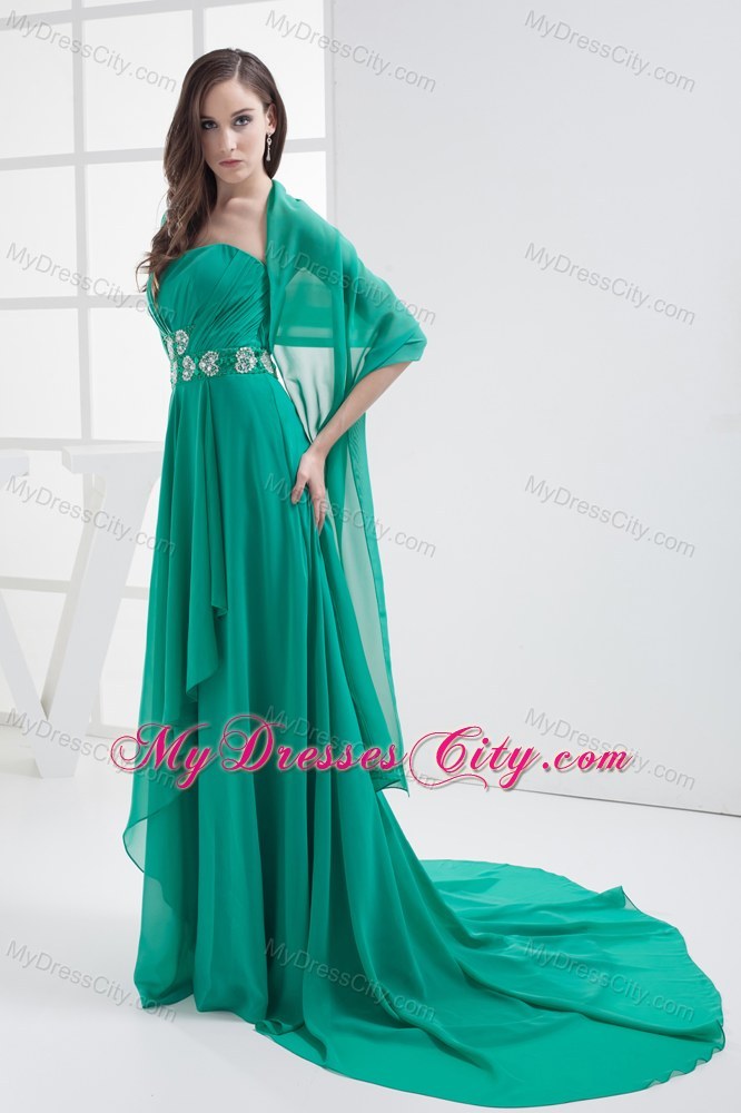 Turquoise Strapless Beading Appliques Brush Train Prom Dress