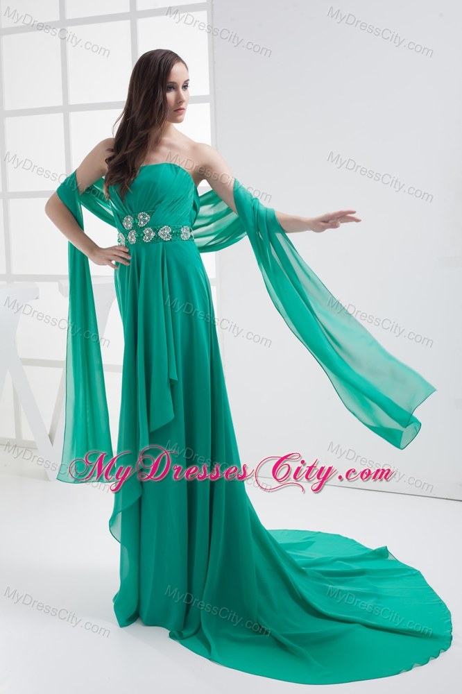Turquoise Strapless Beading Appliques Brush Train Prom Dress