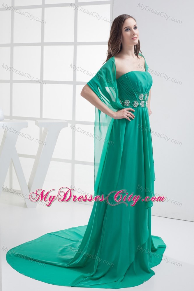 Turquoise Strapless Beading Appliques Brush Train Prom Dress
