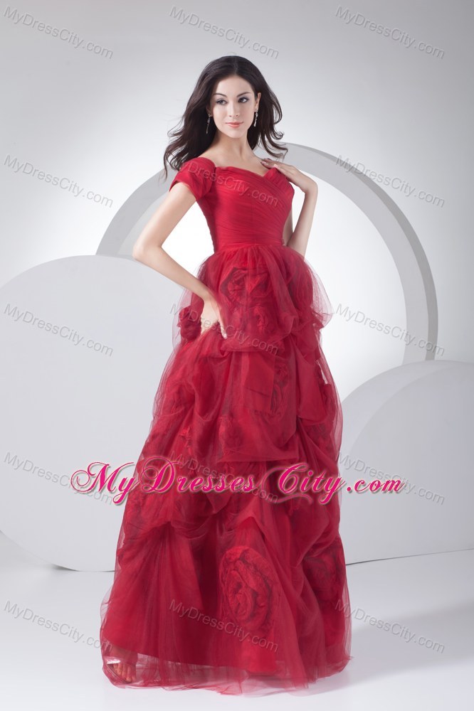 Hand Made Flowers Prom Dress with Short Sleeves and zipper up Back