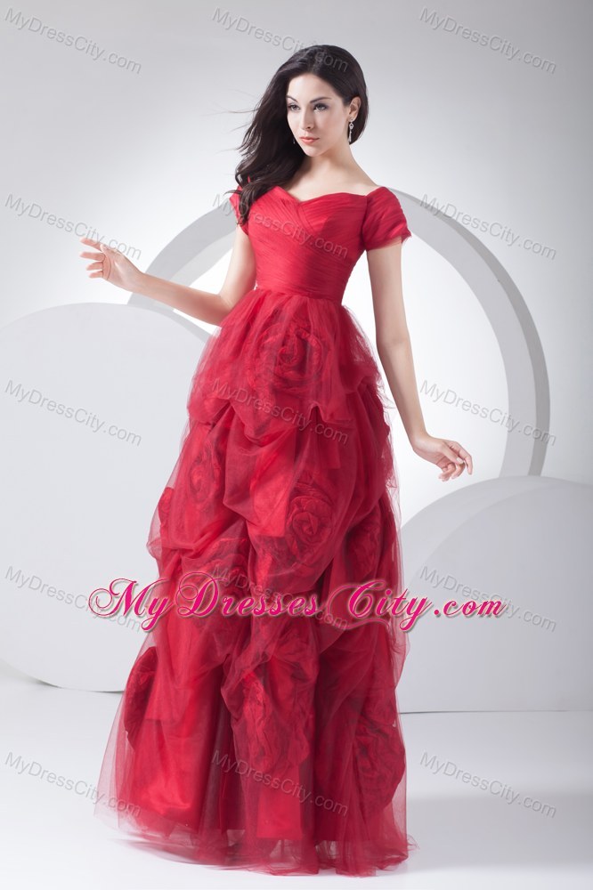 Hand Made Flowers Prom Dress with Short Sleeves and zipper up Back