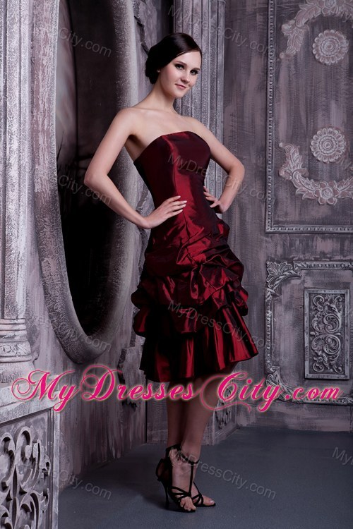 Burgundy Strapless Prom Dress Has Pick-ups and Lace up Back