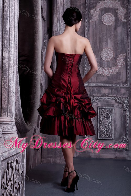 Burgundy Strapless Prom Dress Has Pick-ups and Lace up Back