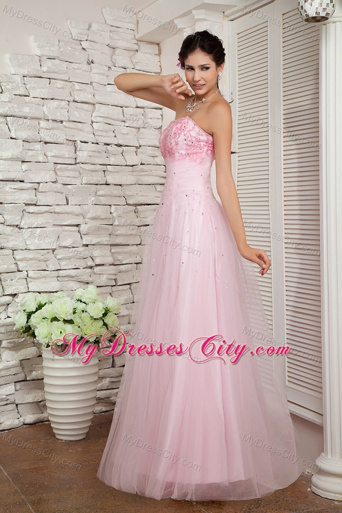 Strapless Beaded Cool Back Baby Pink Tulle Dress for Prom