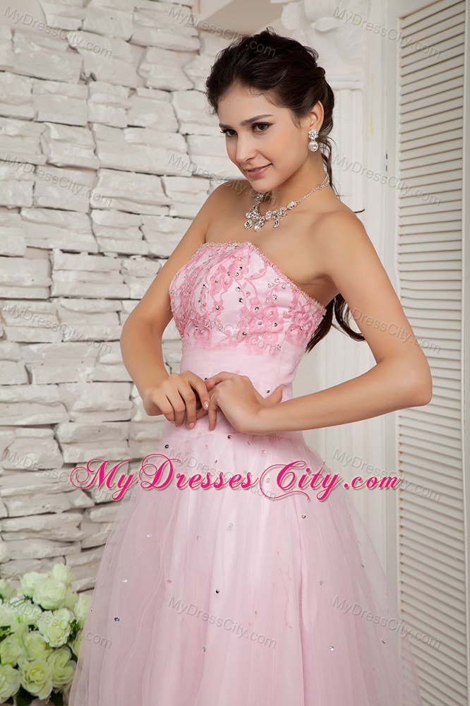 Strapless Beaded Cool Back Baby Pink Tulle Dress for Prom