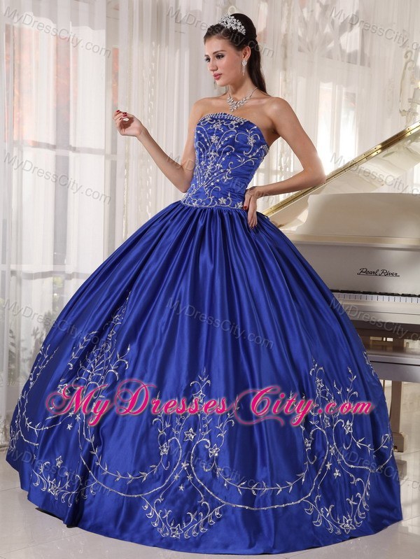 Blue Strapless Ball Gowns Embroidery Satin 2013 Dress for Quince