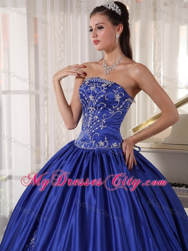 Blue Strapless Ball Gowns Embroidery Satin 2013 Dress for Quince