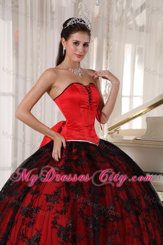 Red and Black Ball Gown Lace Sweet 15 Dress with Sweetheart