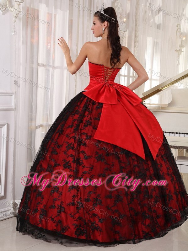 Red and Black Ball Gown Lace Sweet 15 Dress with Sweetheart