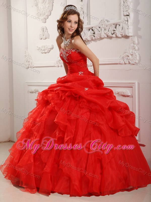 Red Ball Gown Ruffles Quinceanera Dress with Appliques and Ruches