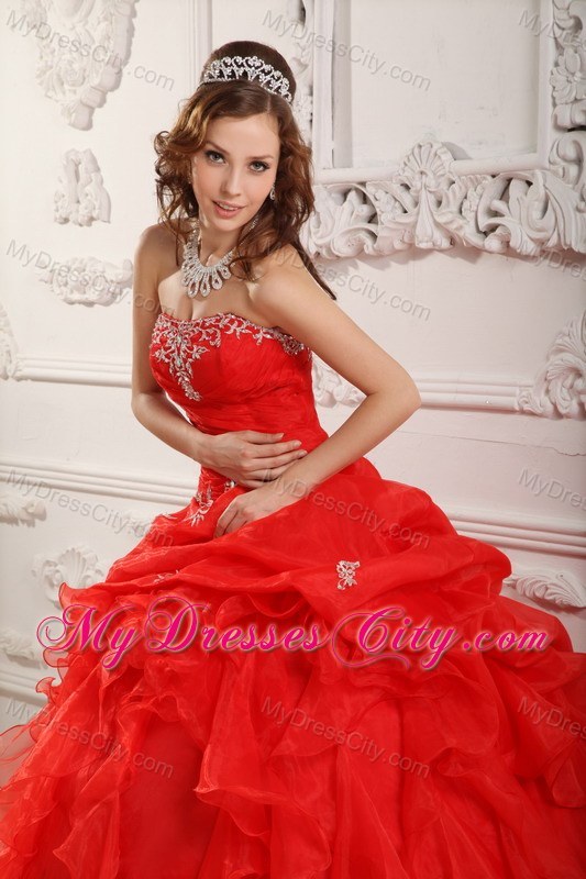 Red Ball Gown Ruffles Quinceanera Dress with Appliques and Ruches
