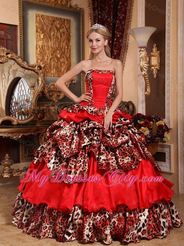 Red Organza Leopard 2013 Quinceanera Dress with Pick-ups Puffy