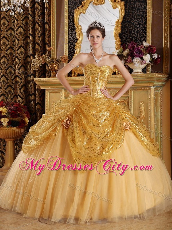 2013 New Sequins Gold Tulle Dress For Sweet 15 with Sweetheart
