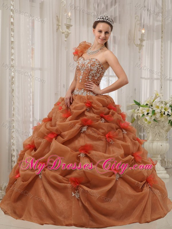 2013 Modest One Shoulder Pick-ups Brown Flowers Sweet 16 Dress