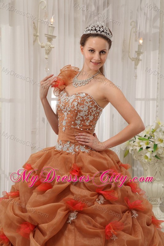 2013 Modest One Shoulder Pick-ups Brown Flowers Sweet 16 Dress