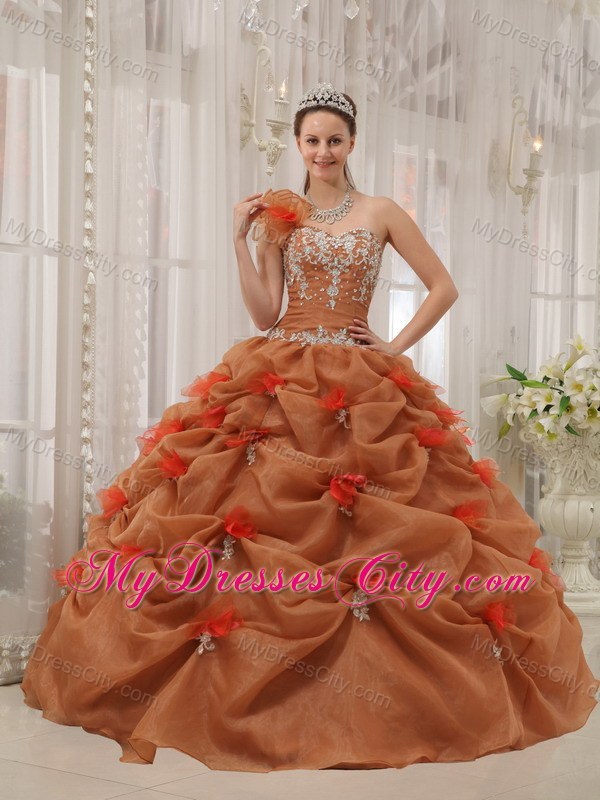 2013 Modest One Shoulder Pick-ups Brown Flowers Sweet 16 Dress