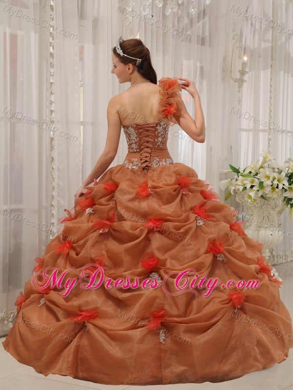 2013 Modest One Shoulder Pick-ups Brown Flowers Sweet 16 Dress