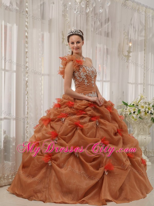 2013 Modest One Shoulder Pick-ups Brown Flowers Sweet 16 Dress