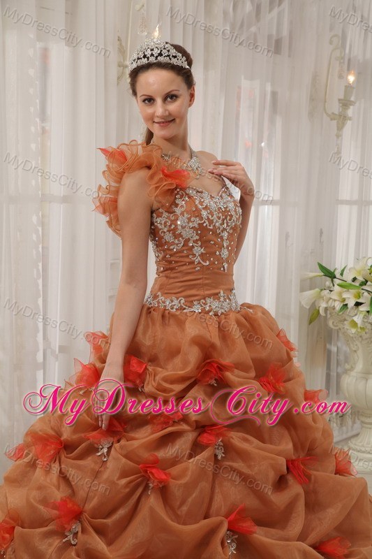 2013 Modest One Shoulder Pick-ups Brown Flowers Sweet 16 Dress