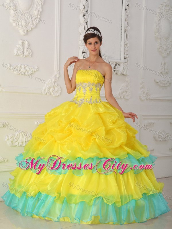 Yellow and Blue Sweet 15 Dress with Pick-ups and Appliques