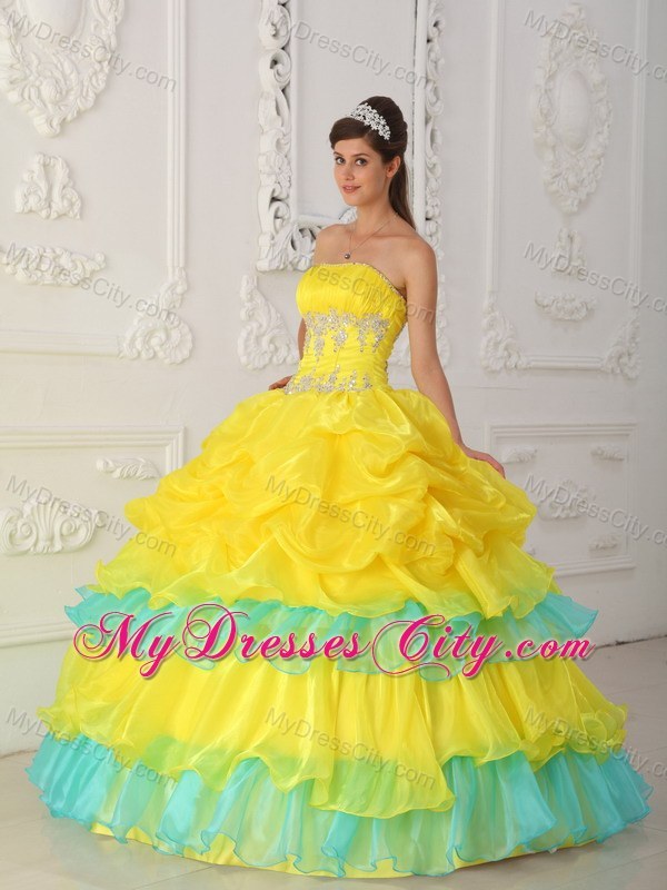 Yellow and Blue Sweet 15 Dress with Pick-ups and Appliques