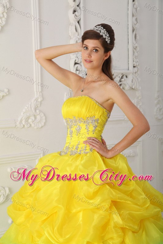 Yellow and Blue Sweet 15 Dress with Pick-ups and Appliques