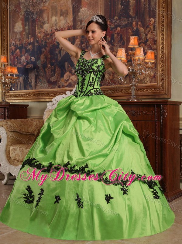 Spring Green Quinceanera Dress with Straps pick-ups Taffeta