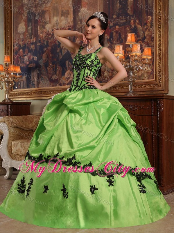 Spring Green Quinceanera Dress with Straps pick-ups Taffeta