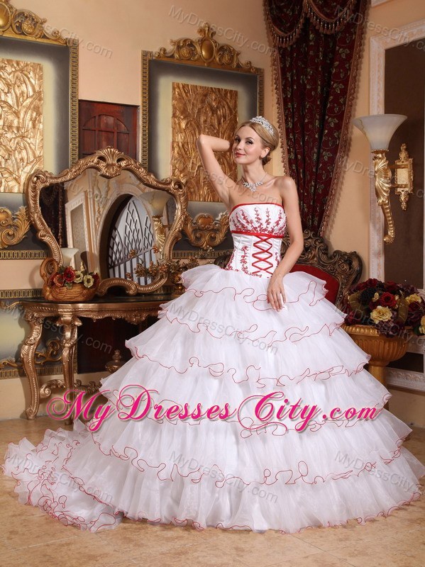 White Ball Gown Ruffled Layers Organza Appliques Sweet 15 Dress