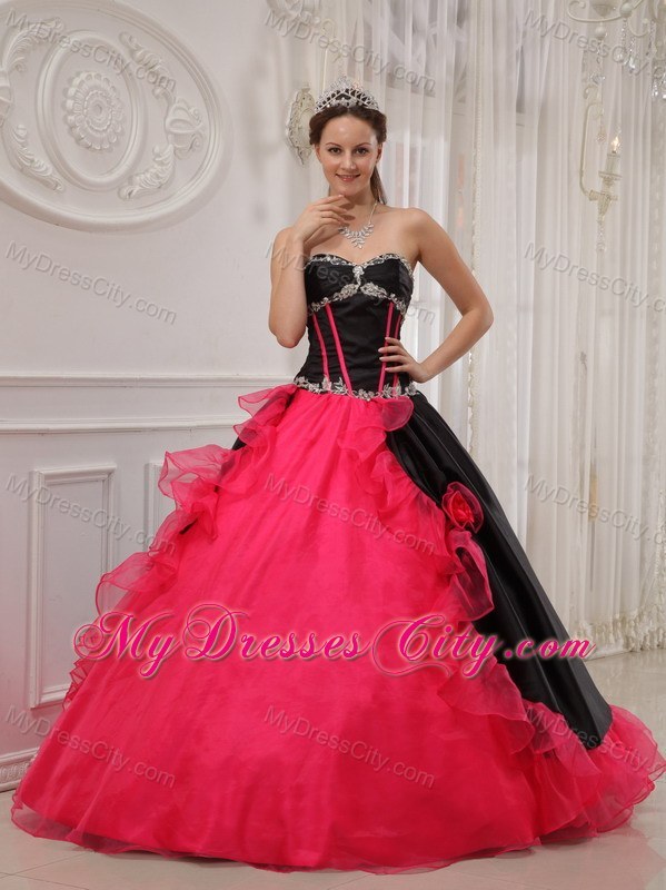 Inexpensive Red and Black Organza Beading Quinceanera Dress