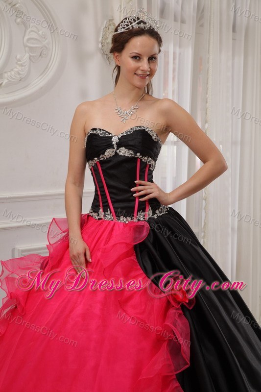Inexpensive Red and Black Organza Beading Quinceanera Dress
