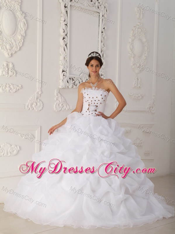 White Ball Gown Strapless Court Train Organza Quinceanera Dress