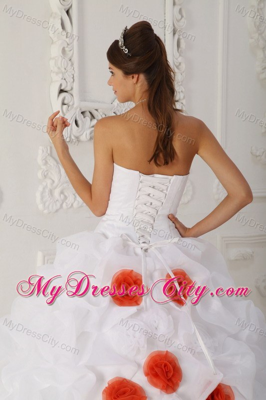 White Ball Gown Strapless Court Train Organza Quinceanera Dress