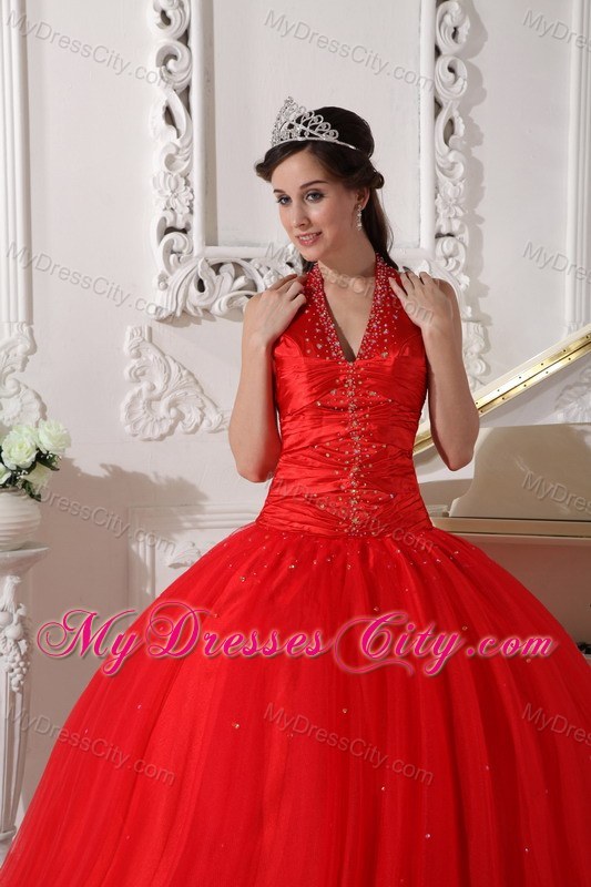 Red Halter Floor-length Tulle Beading 2013 Sweet 15 Dress