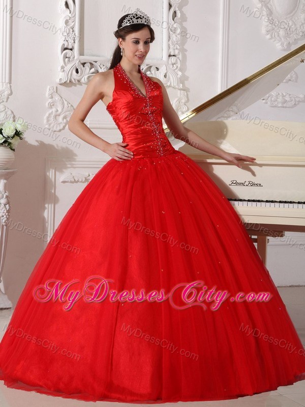 Red Halter Floor-length Tulle Beading 2013 Sweet 15 Dress