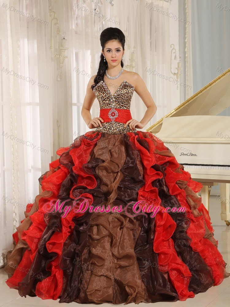 Multi-color Ruffled V-neck Quinceanera Dress with Leopard on Sale