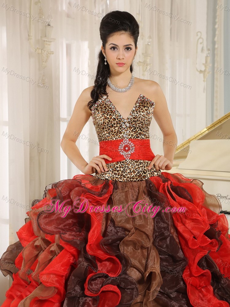 Multi-color Ruffled V-neck Quinceanera Dress with Leopard on Sale
