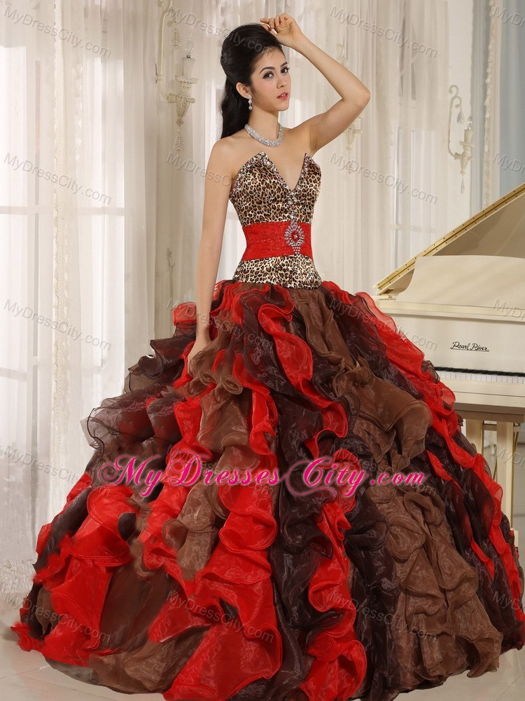 Multi-color Ruffled V-neck Quinceanera Dress with Leopard on Sale