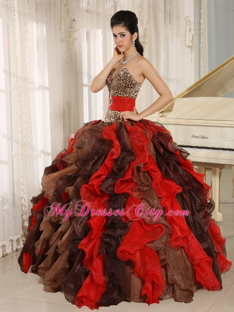 Multi-color Ruffled V-neck Quinceanera Dress with Leopard on Sale