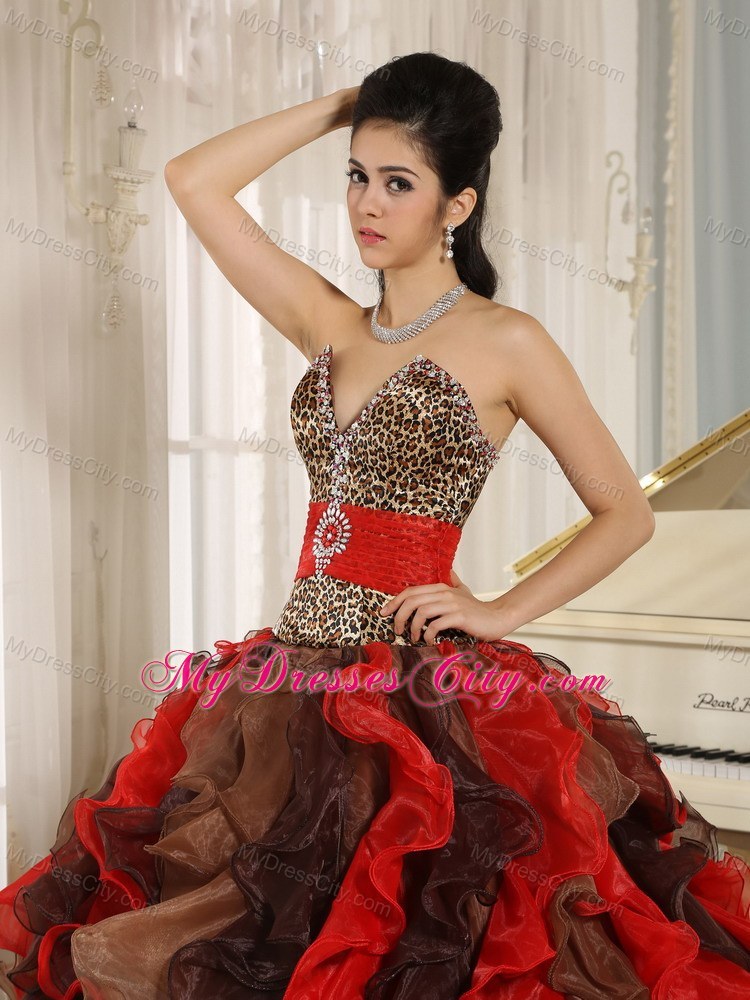 Multi-color Ruffled V-neck Quinceanera Dress with Leopard on Sale