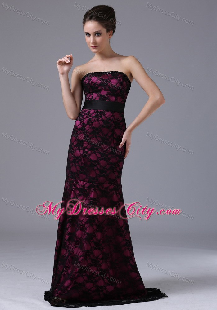Sexy Column Sweep Train Lace Evening Dress with Lace-up Back