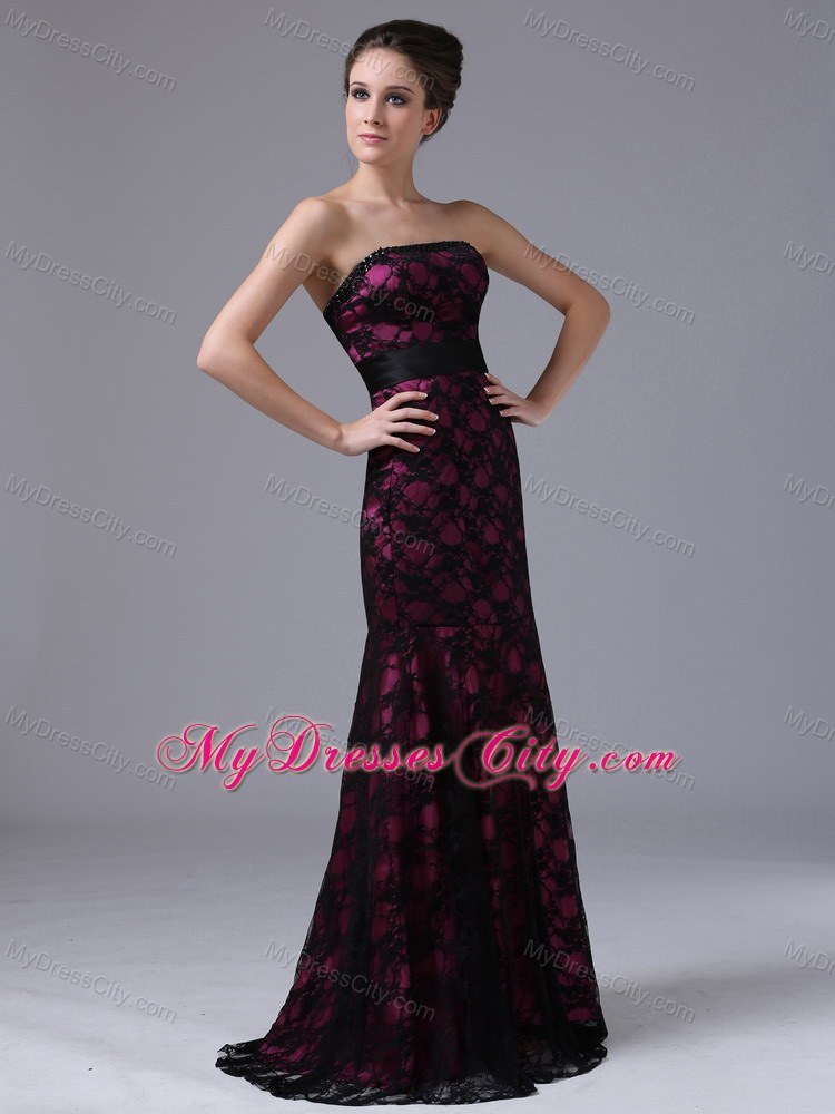 Sexy Column Sweep Train Lace Evening Dress with Lace-up Back
